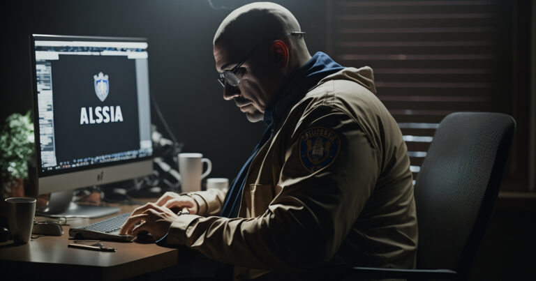 AI rendition of a private contractor security firm employee using a computer.